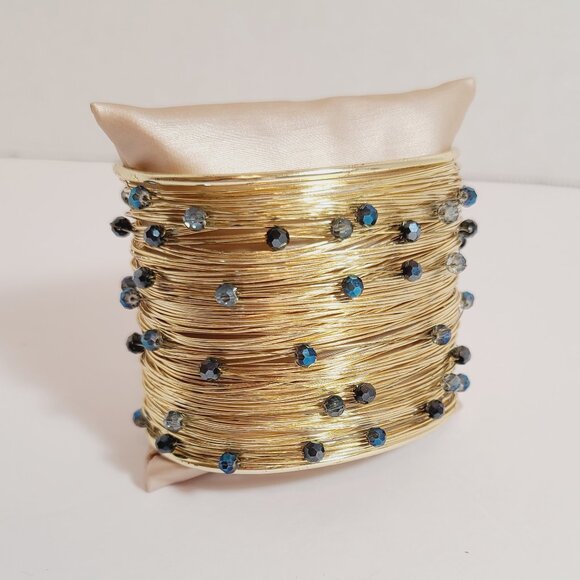 Gold Wire Wrapped Cuff Bracelet with Blue & Black Faceted Beads - Picture 2 of 8